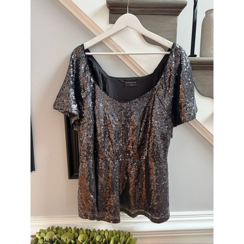 LaneβBryant Black Sequin Scoop Neck Flutter Sleeve Party Top Blouse sz 20 EUC